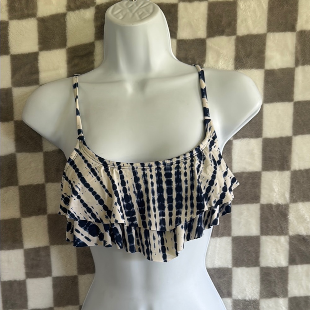 Xhiliration Navy Blue and Cream Ruffled Tie dye swim top size S/P